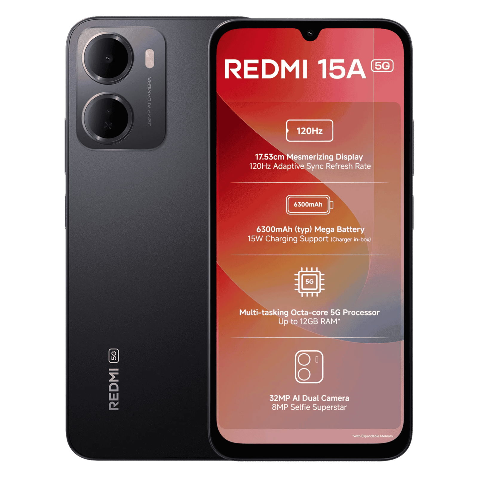 Redmi-15a-5g-ace-black-4gb-128gb-Front-Back-View REDMI 15A 5G - Image 1